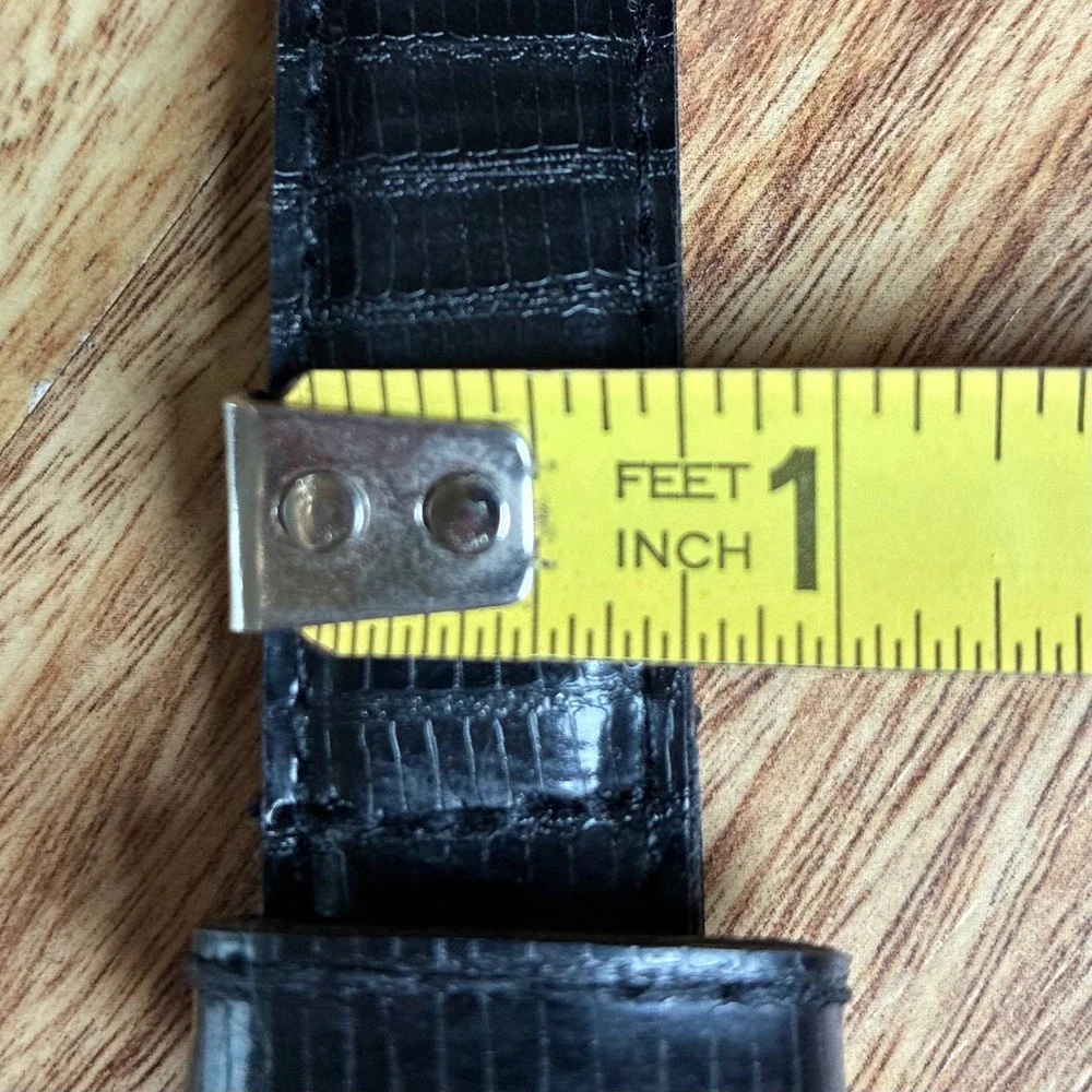 Vintage Lizard Embossed Belt Black 36 Western Silver Buckle Slim Metal Tip